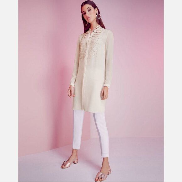 Elie Tahari Divitra Tunic Lace Bib Gentle Blush Silk Blouse - Picture 1 of 4